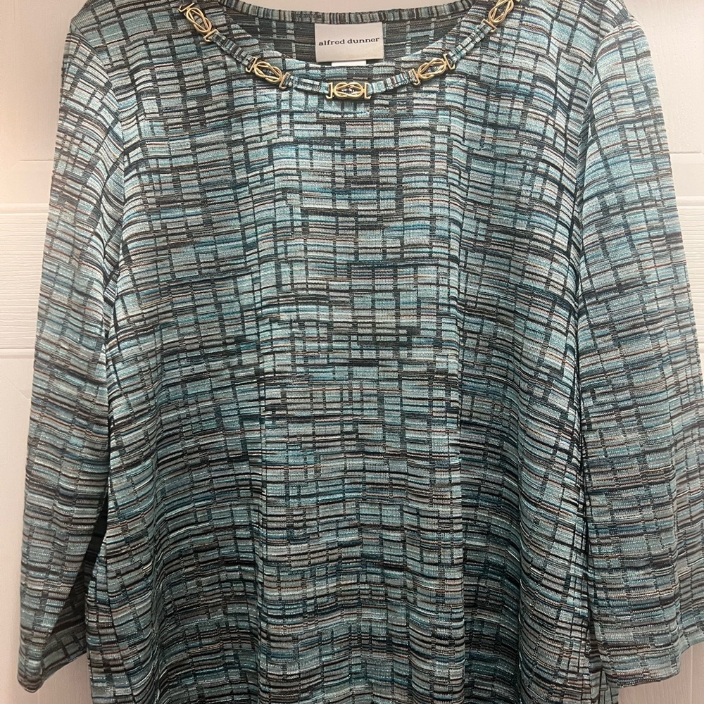 Alfred Dunner Women's Teal  Geometric Blouse with Gold Accents